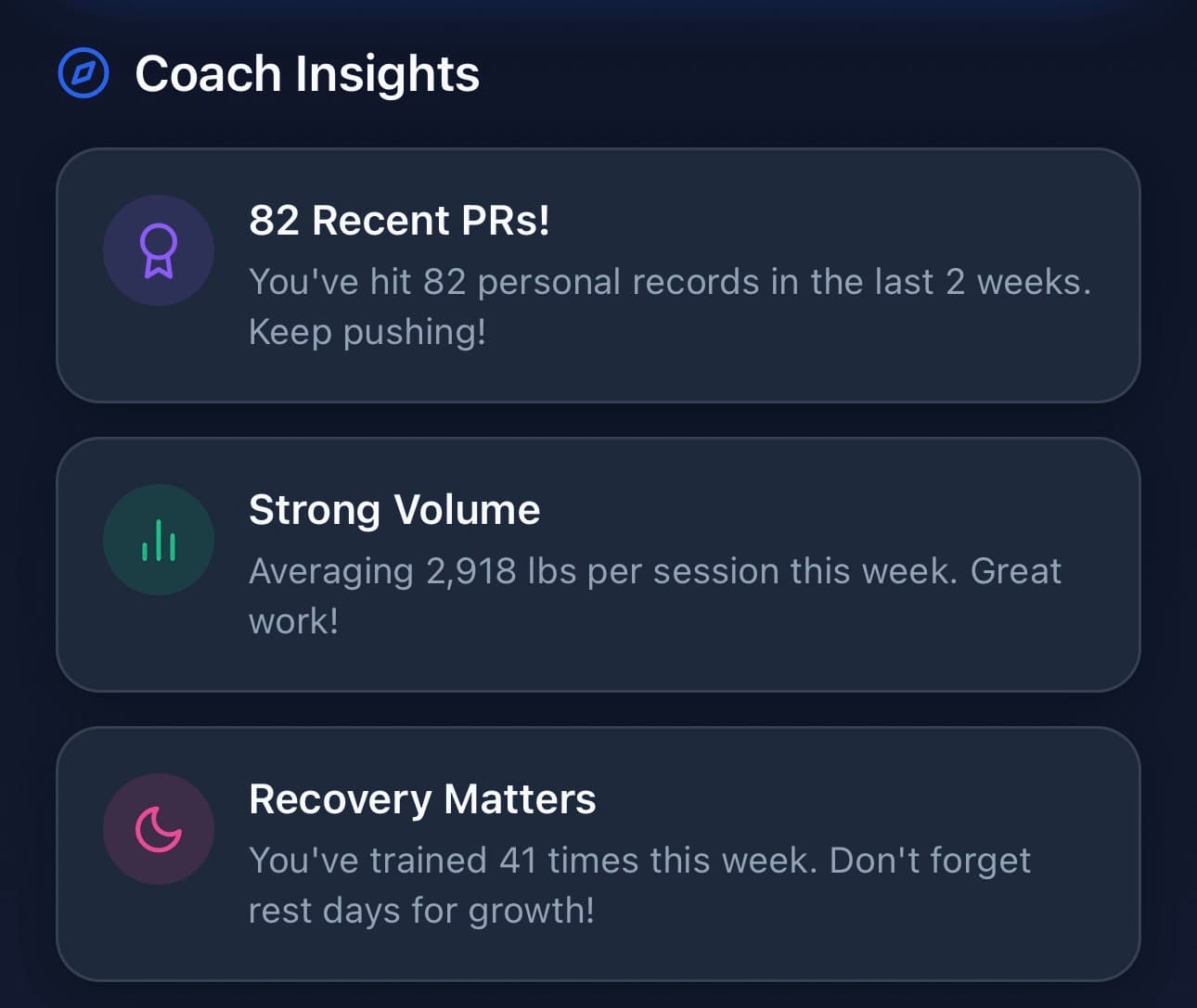 FitnessTracker AI Coach Insights showing 82 recent PRs, strong volume averaging 2,918 lbs per session, and recovery recommendations